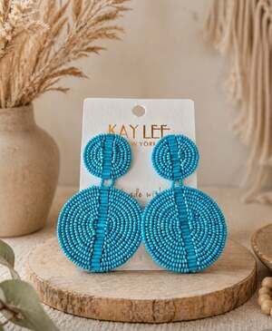 Kay Lee Blue Beaded Round Earrings New